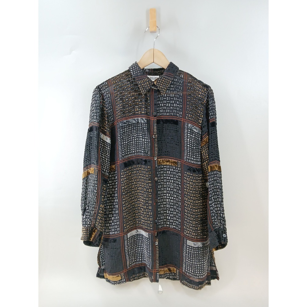 Chico's Burnout Velvet Silk Blend Shirt Womens Small Black Metallic Whimsy Goth